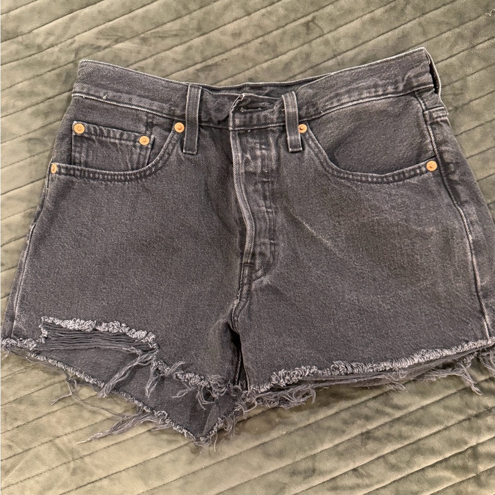 Levi's Washed Black Distressed High-Rise Denim Shorts